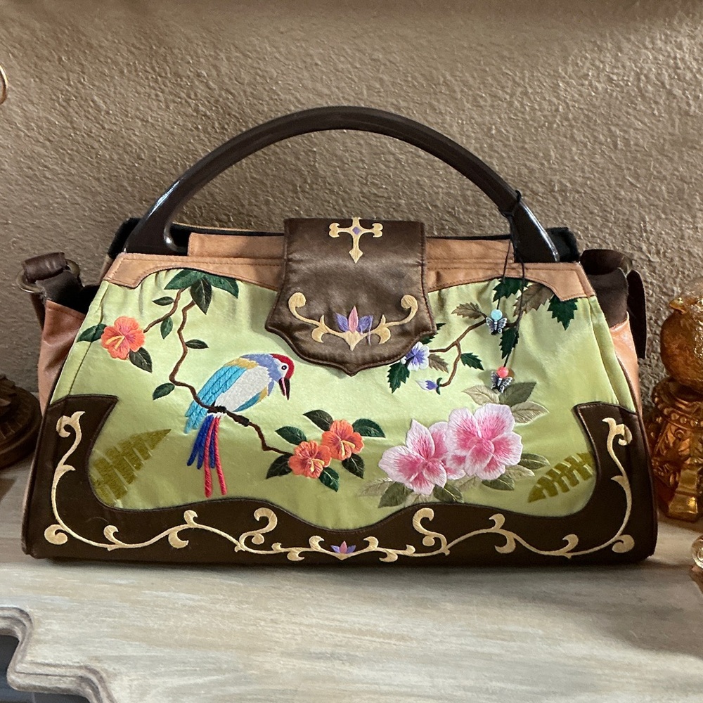 Papillon embroidered Tote with top handle and strap . Excellent New never used